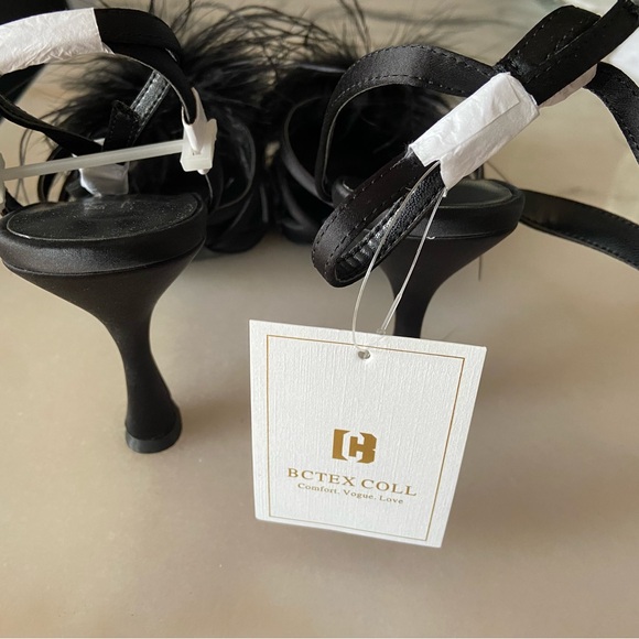 Size 9.5 Fluffy Feather Square Open Toe Ankle Strap Sexy Heel - Picture 5 of 8